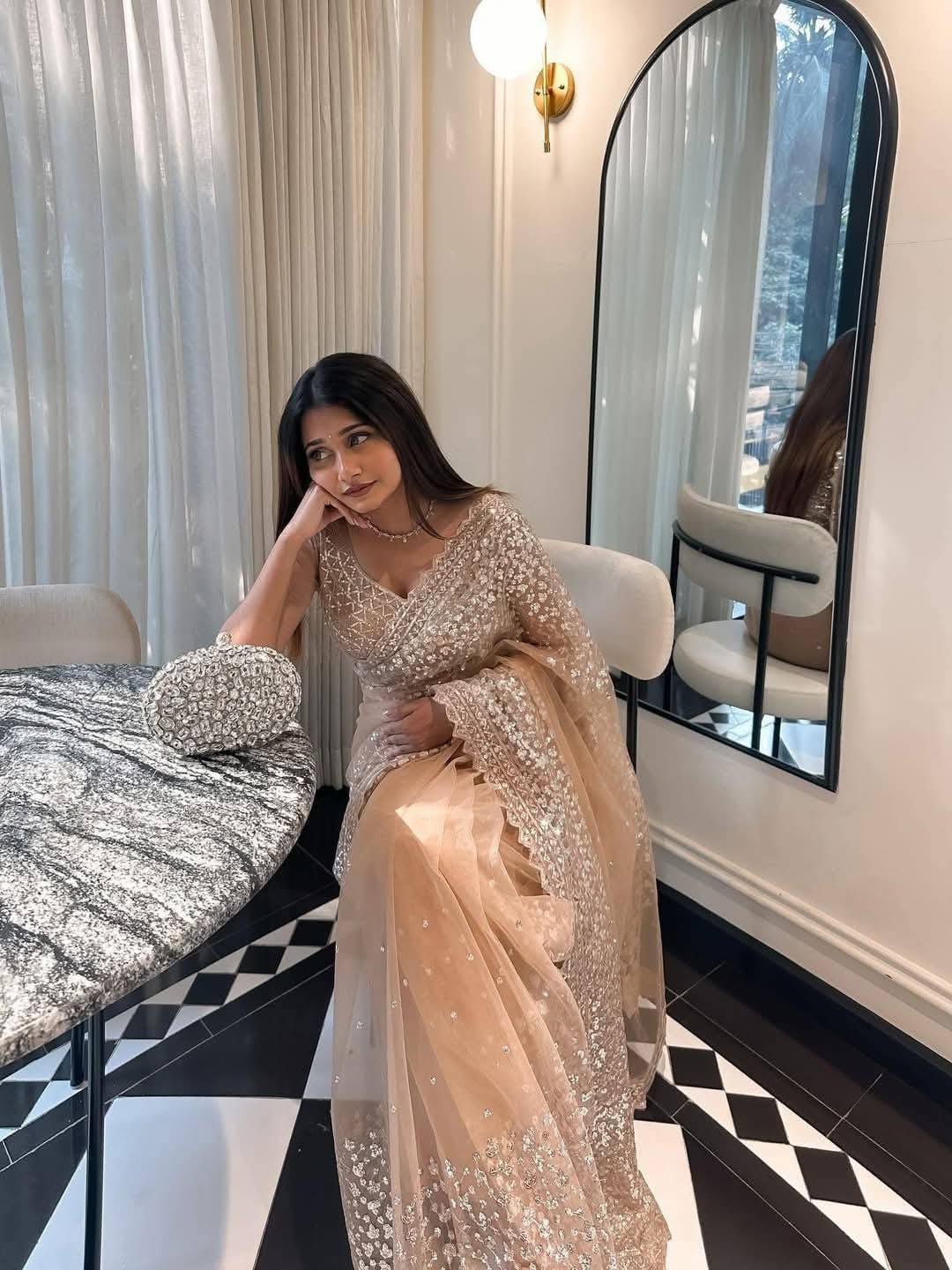 Golden beige net sharee