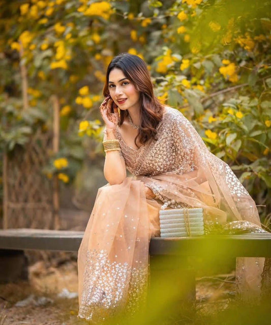 Golden beige net sharee
